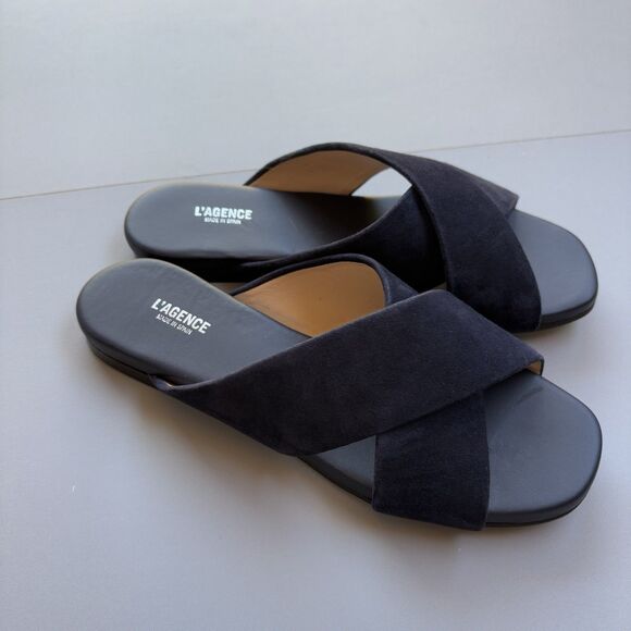 L'AGENCE Camila Slide Sandals Crossover 37 (US 7) Navy Blue Suede Leather Costal - Picture 2 of 9